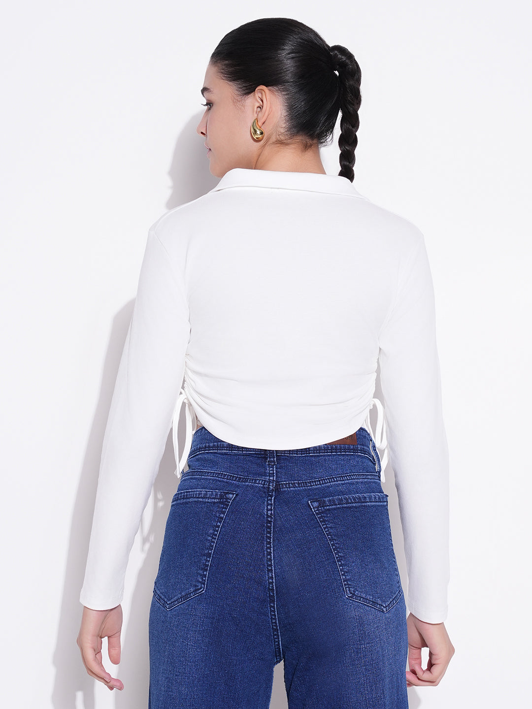 Women White Solid Ruched Crop Top