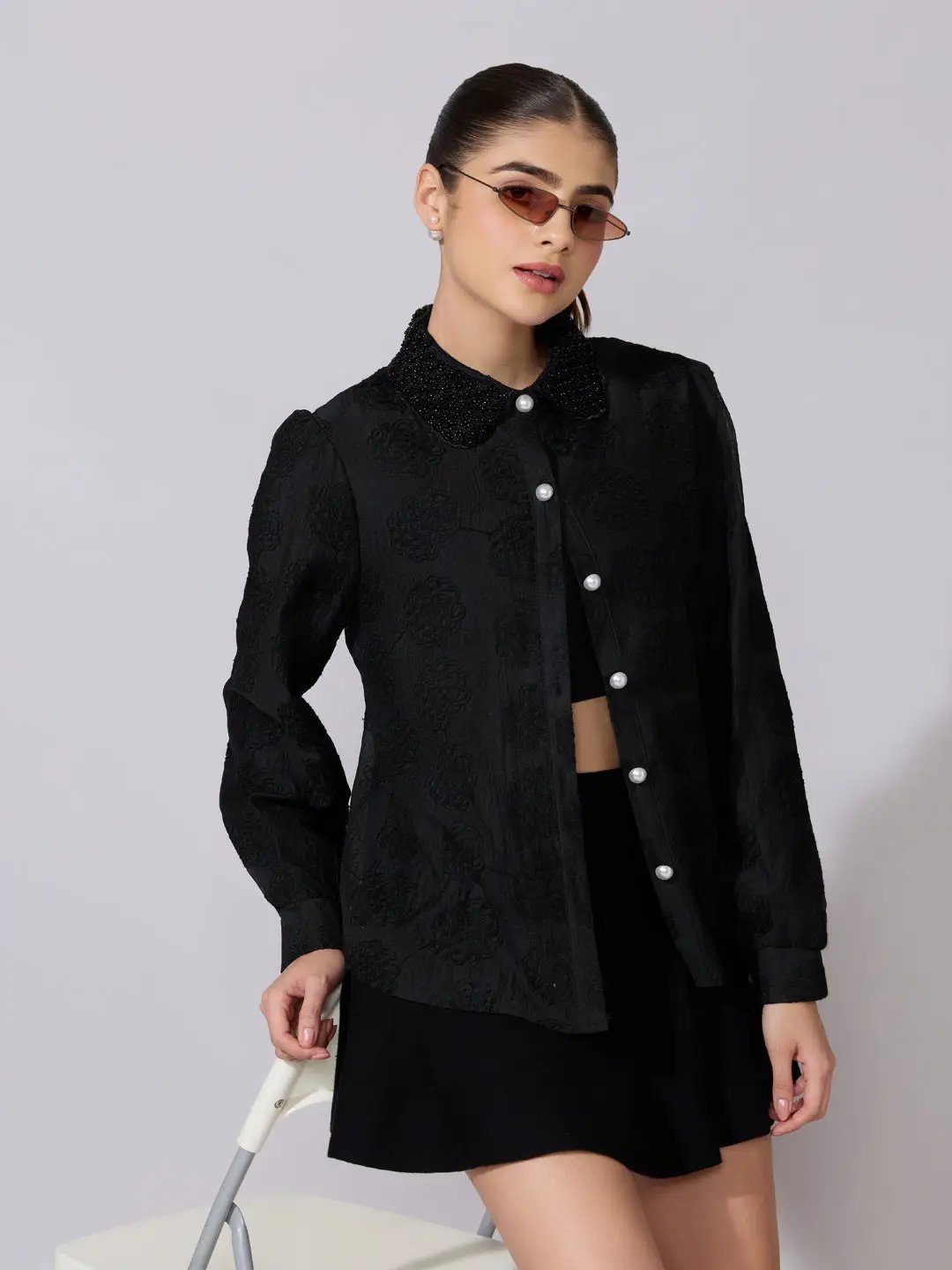 Women's Textured Floral Black Shirt with Embellished Collar - from SHOWOFFFF