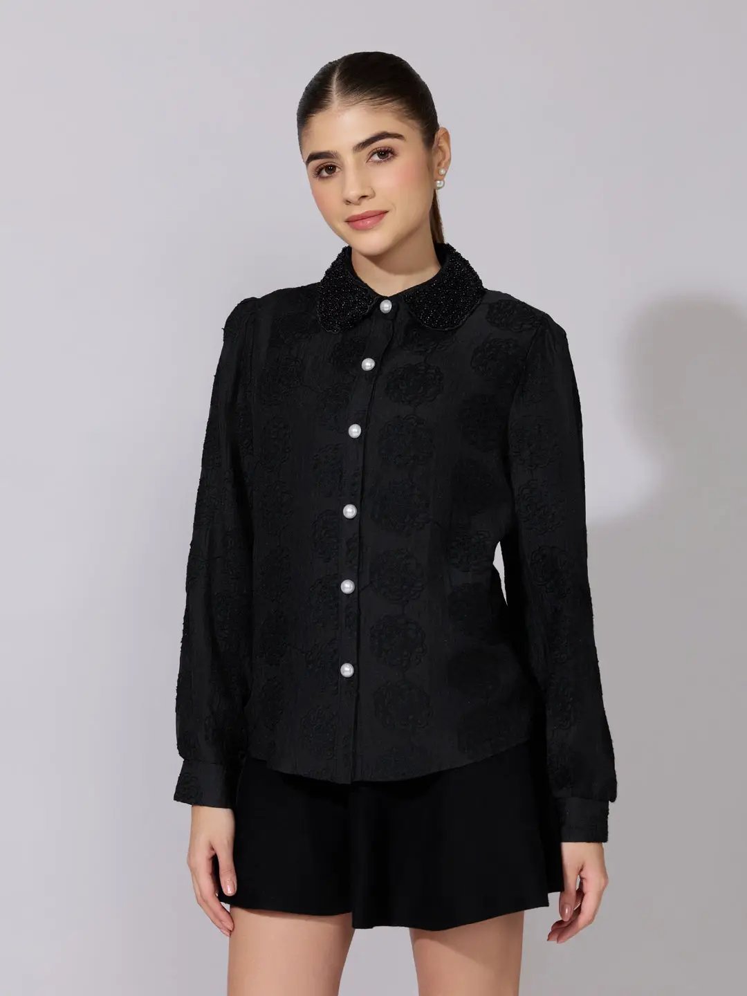 Women's Textured Floral Black Shirt with Embellished Collar - from SHOWOFFFF