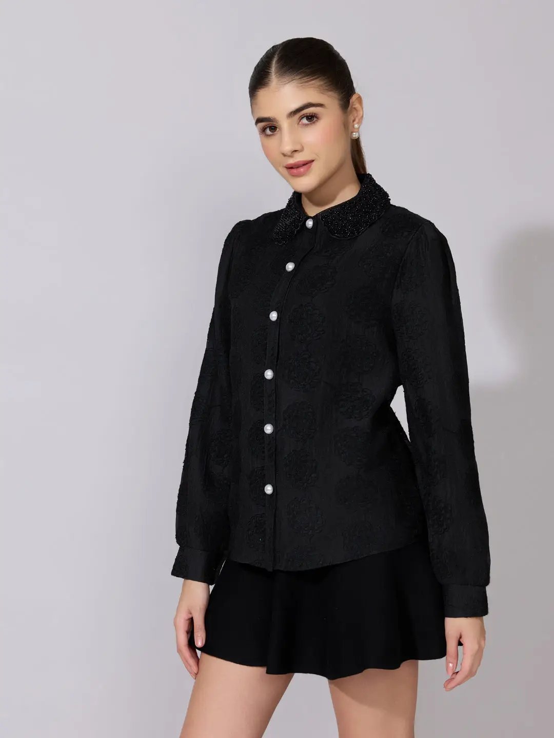 Women's Textured Floral Black Shirt with Embellished Collar - from SHOWOFFFF