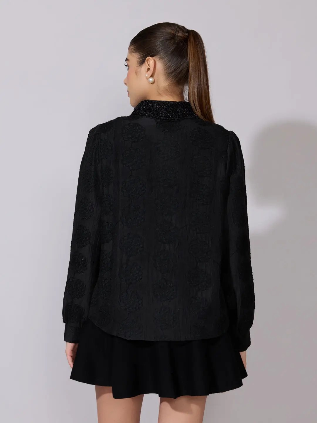 Women's Textured Floral Black Shirt with Embellished Collar - from SHOWOFFFF
