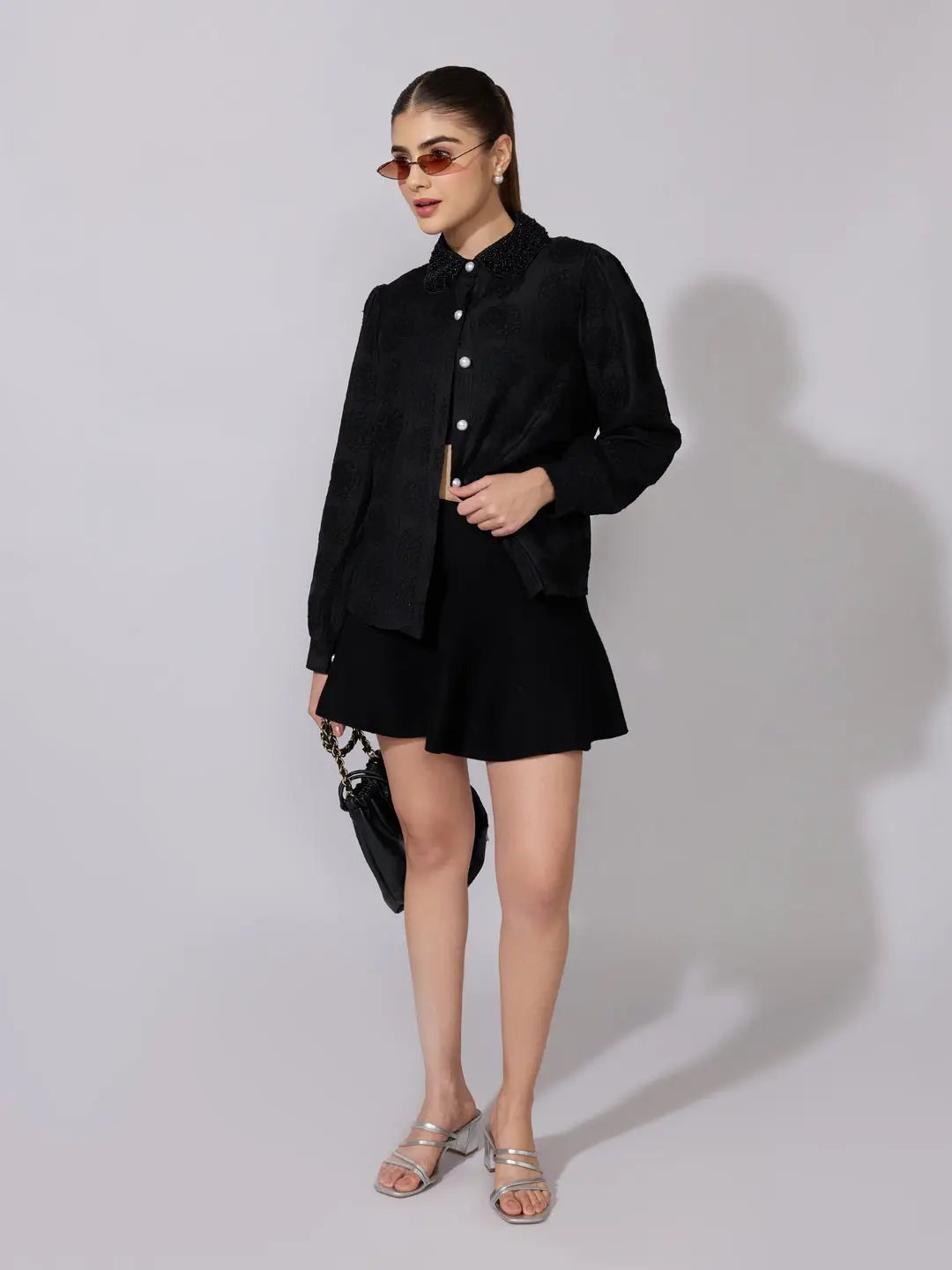 Women's Textured Floral Black Shirt with Embellished Collar - from SHOWOFFFF