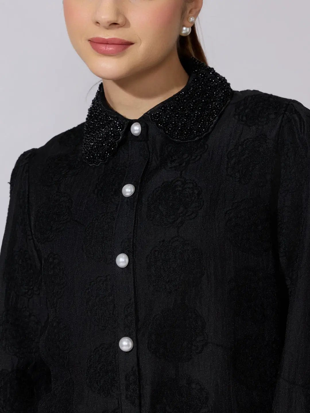 Women's Textured Floral Black Shirt with Embellished Collar - from SHOWOFFFF