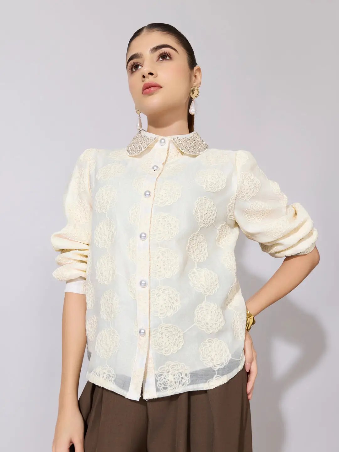 Women's Textured Floral Cream Shirt with Embellished Collar - from SHOWOFFFF