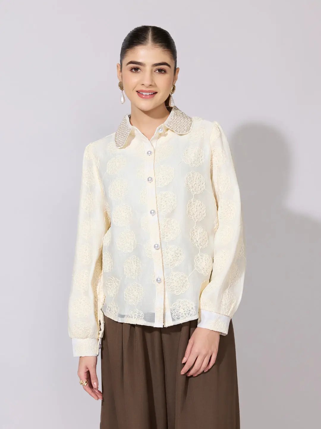 Women's Textured Floral Cream Shirt with Embellished Collar - from SHOWOFFFF