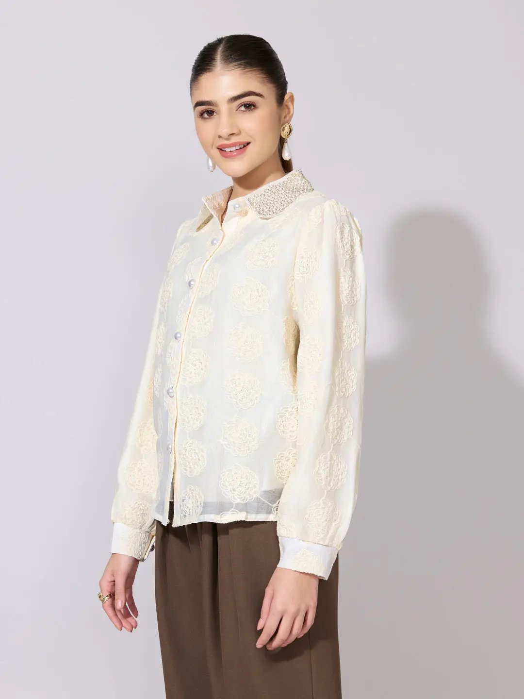 Women's Textured Floral Cream Shirt with Embellished Collar - from SHOWOFFFF