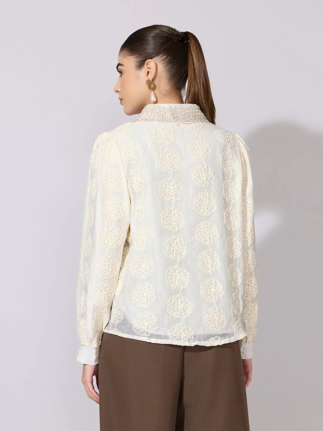Women's Textured Floral Cream Shirt with Embellished Collar - from SHOWOFFFF