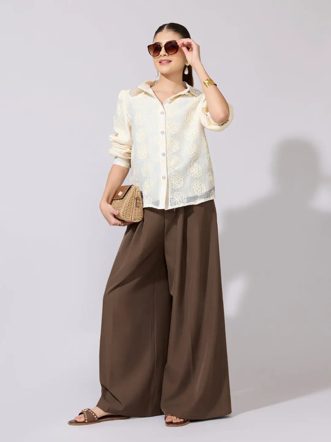 Women's Textured Floral Cream Shirt with Embellished Collar - from SHOWOFFFF