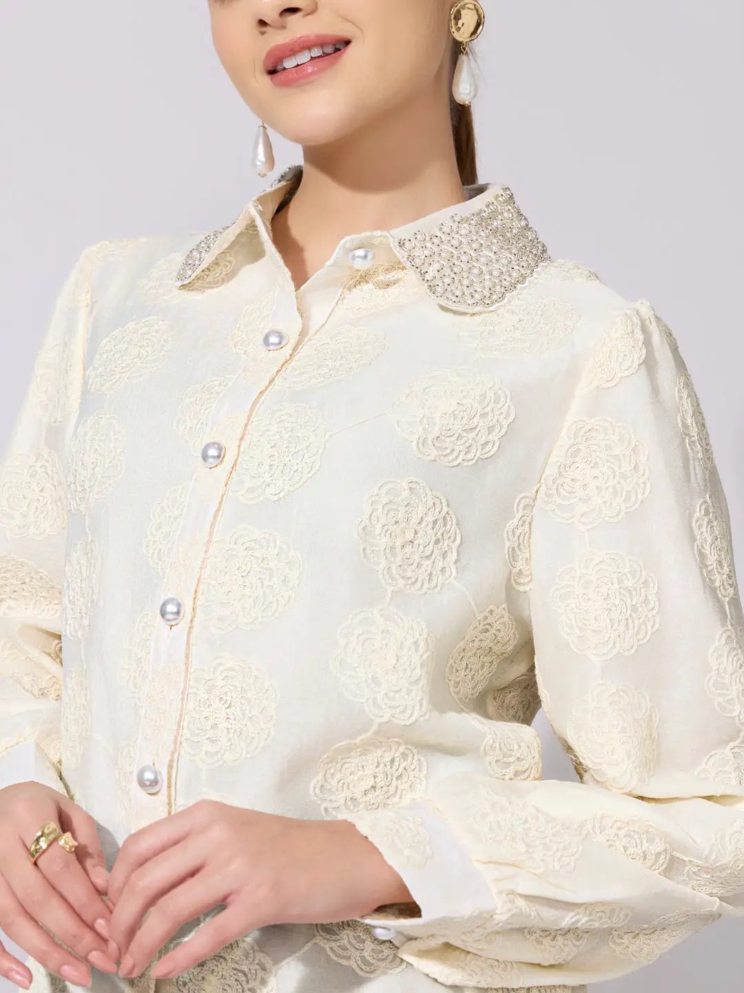 Women's Textured Floral Cream Shirt with Embellished Collar - from SHOWOFFFF