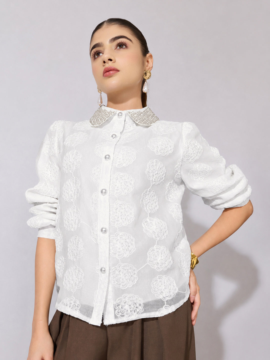 Women's Textured Floral White Shirt with Embellished Collar