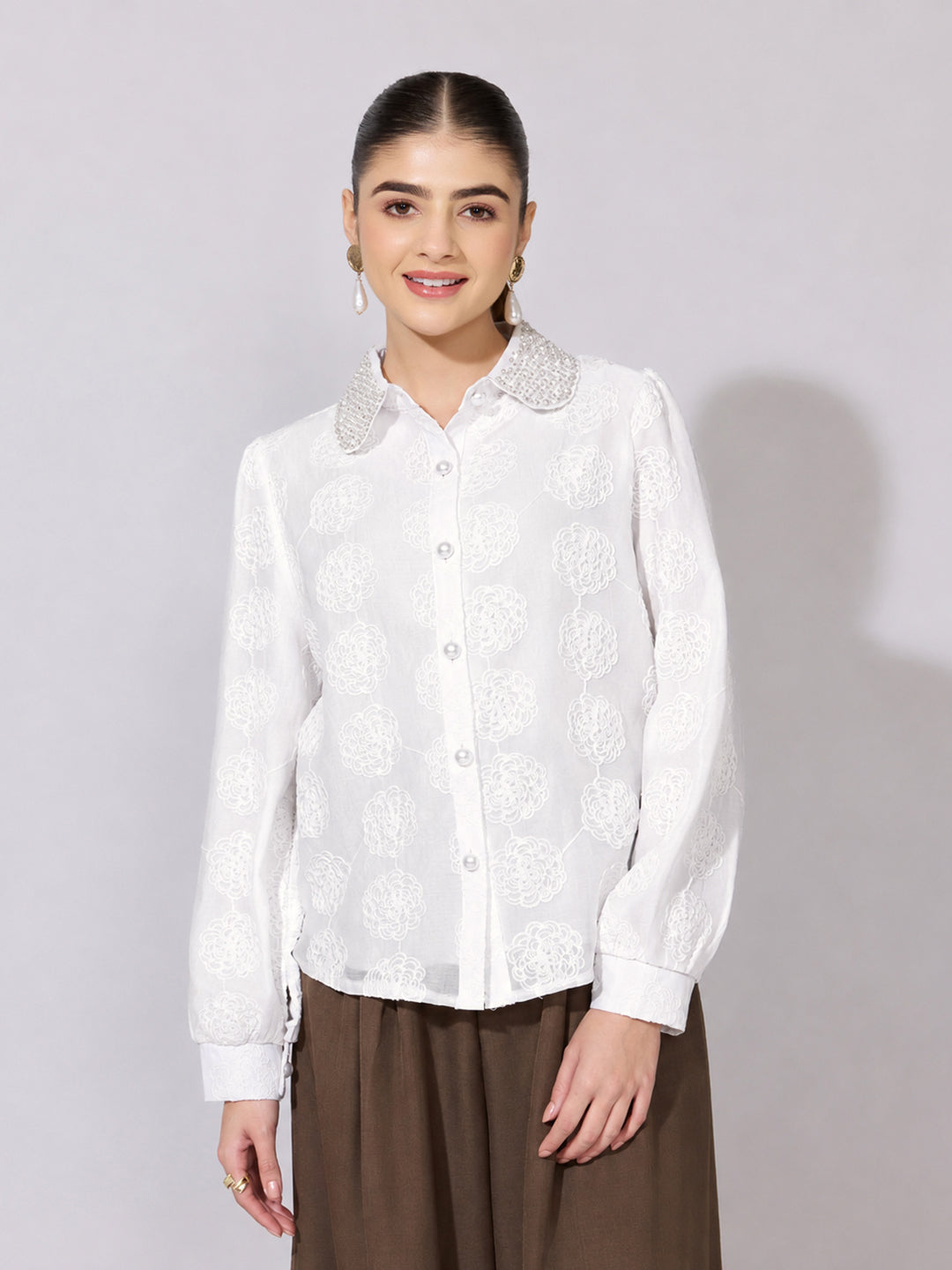 Women's Textured Floral White Shirt with Embellished Collar