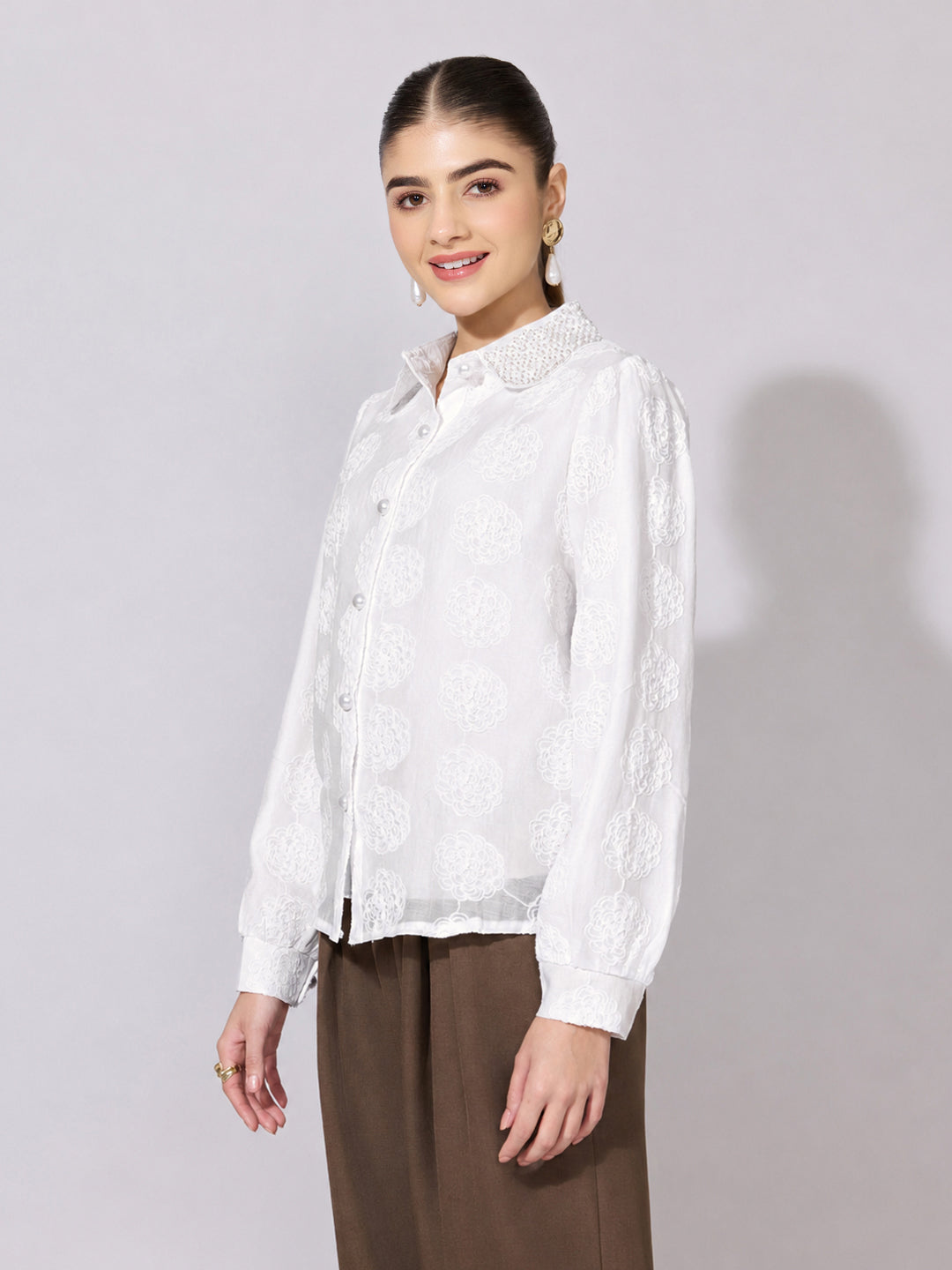 Women's Textured Floral White Shirt with Embellished Collar