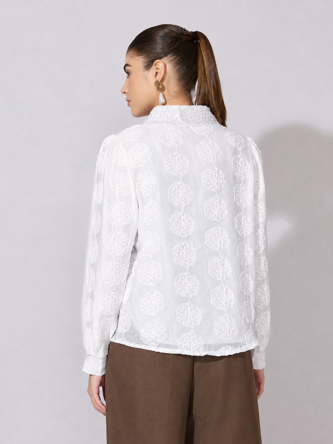Women's Textured Floral White Shirt with Embellished Collar