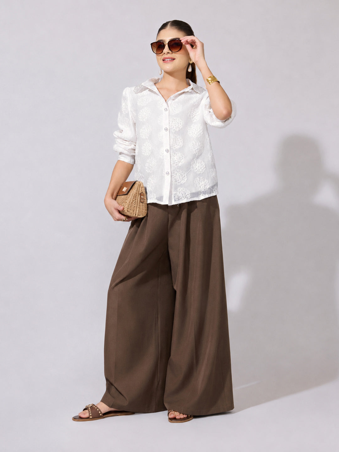 Women's Textured Floral White Shirt with Embellished Collar