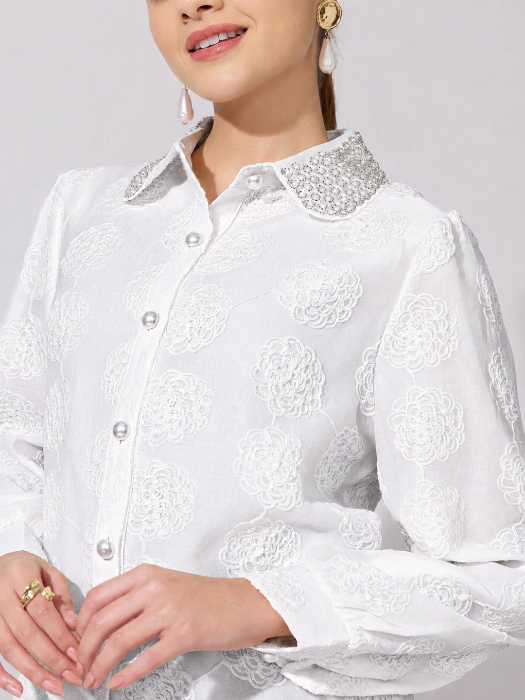 Women's Textured Floral White Shirt with Embellished Collar