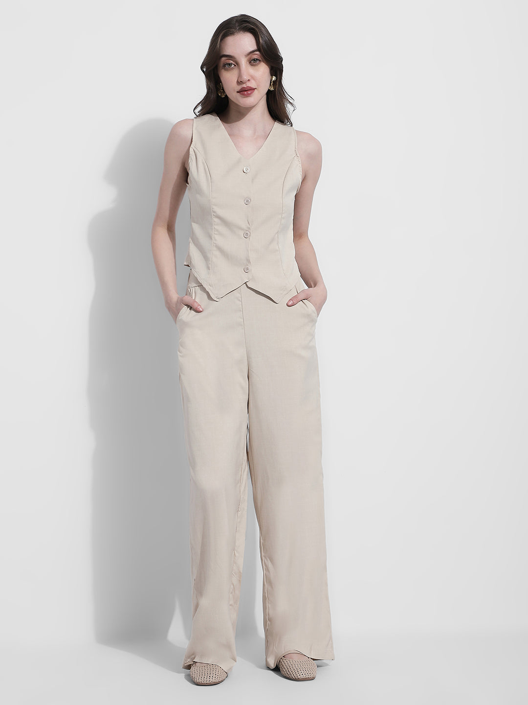 Women's Beige Tailored Vest & Straight Pants Co Ord Set