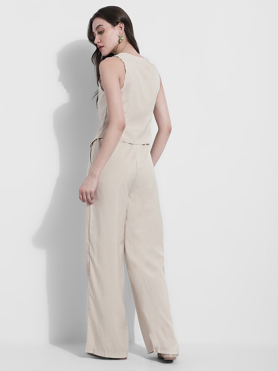 Women's Beige Tailored Vest & Straight Pants Co Ord Set