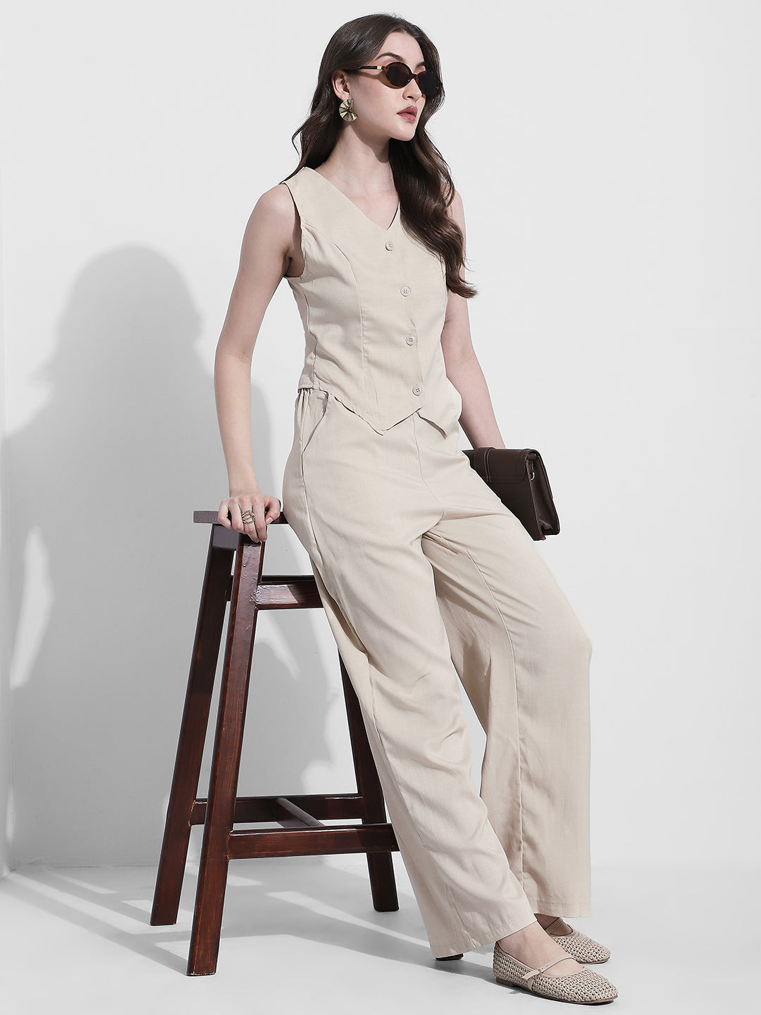 Women's Beige Tailored Vest & Straight Pants Co Ord Set