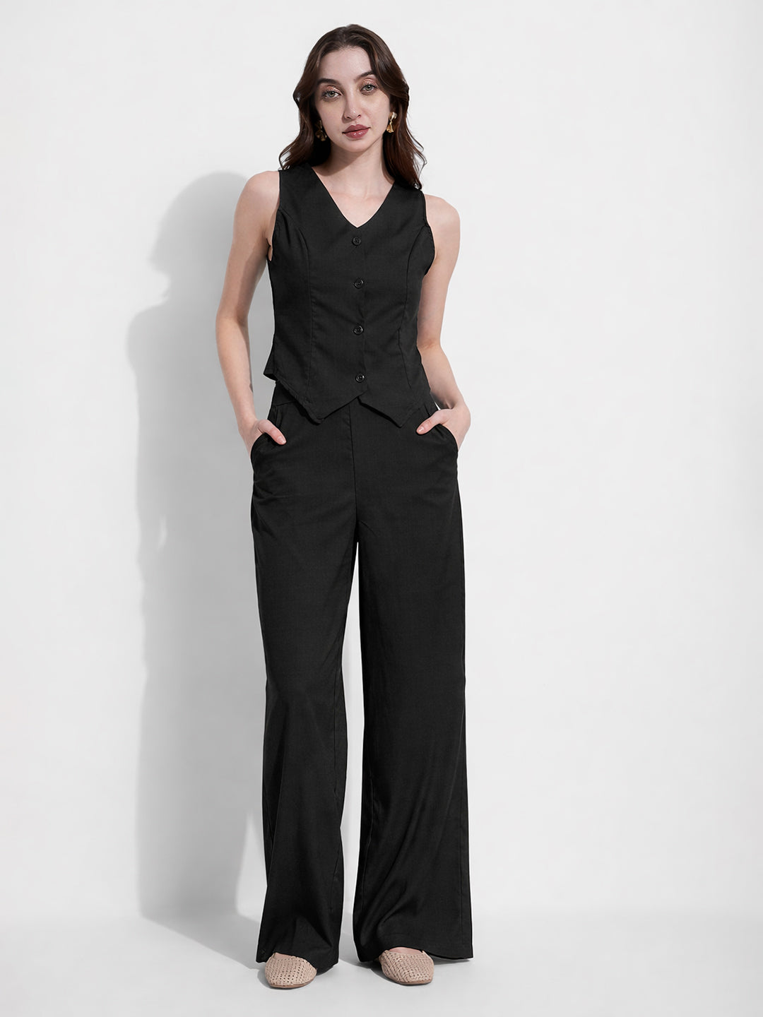 Women's Black Tailored Vest & Straight Pants Co Ord Set