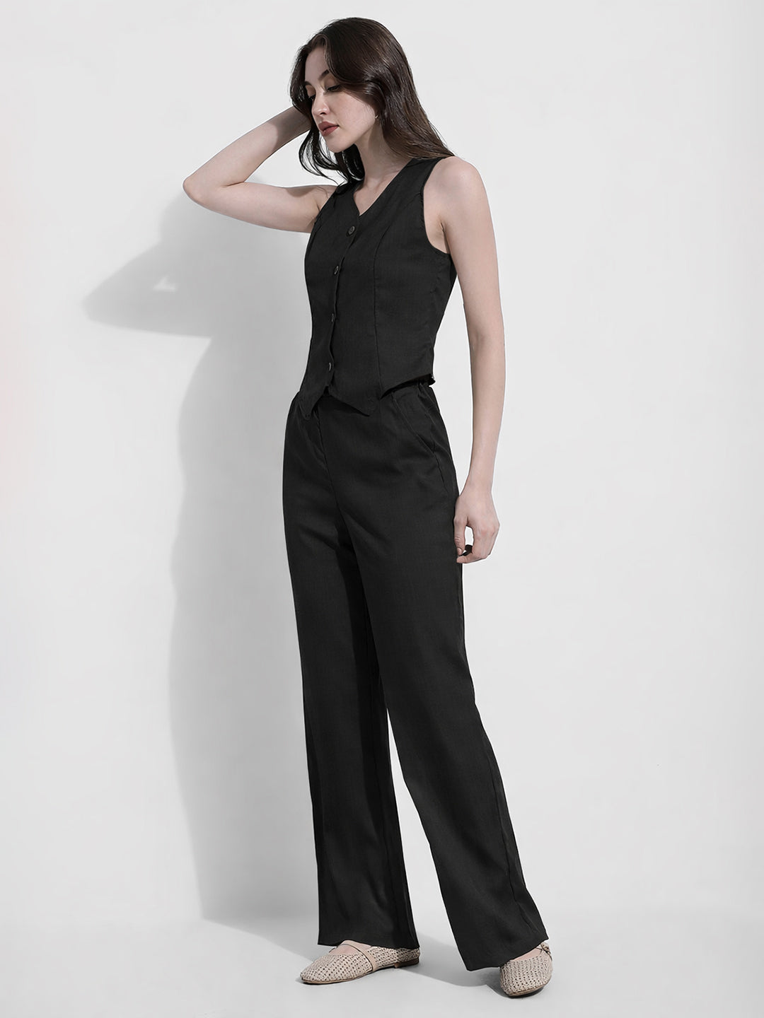 Women's Black Tailored Vest & Straight Pants Co Ord Set