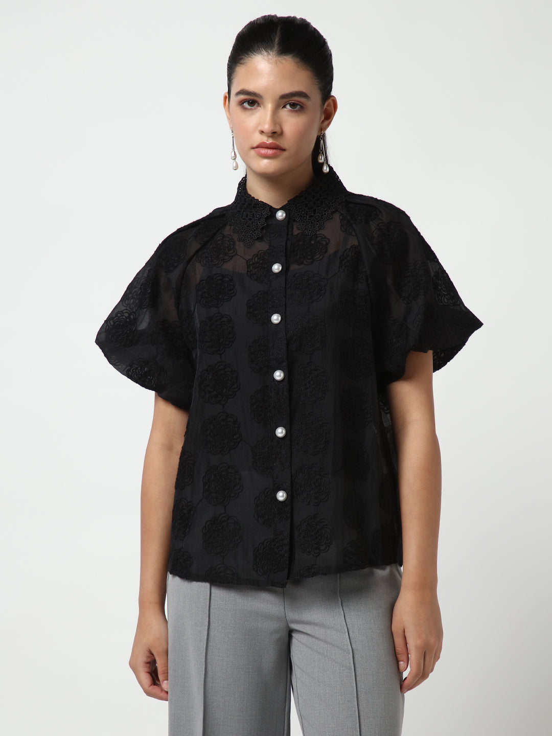 Women Black Solid Shirt with Inner Slip