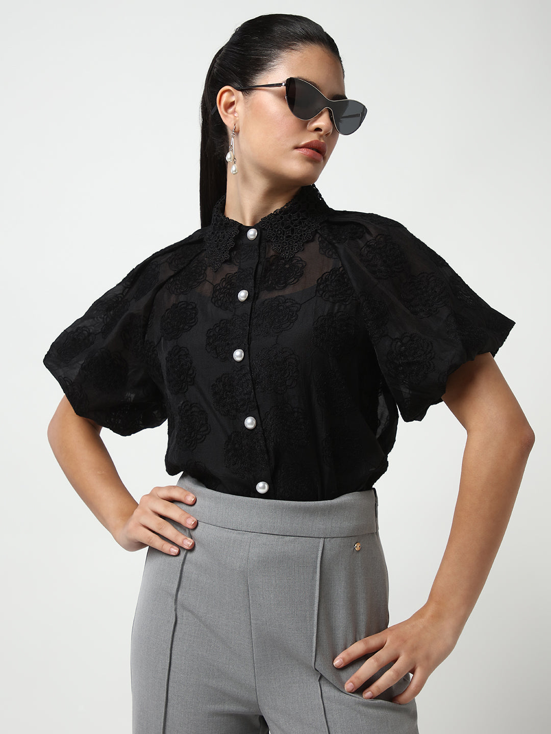 Women Black Solid Shirt with Inner Slip