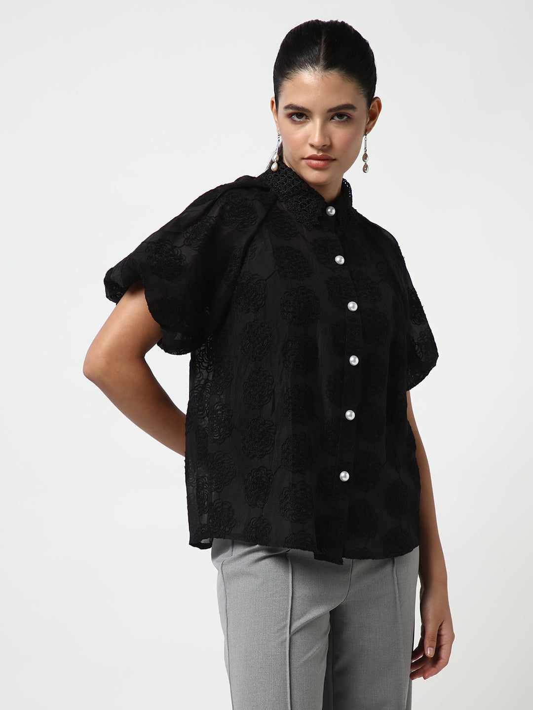 Women Black Solid Shirt with Inner Slip