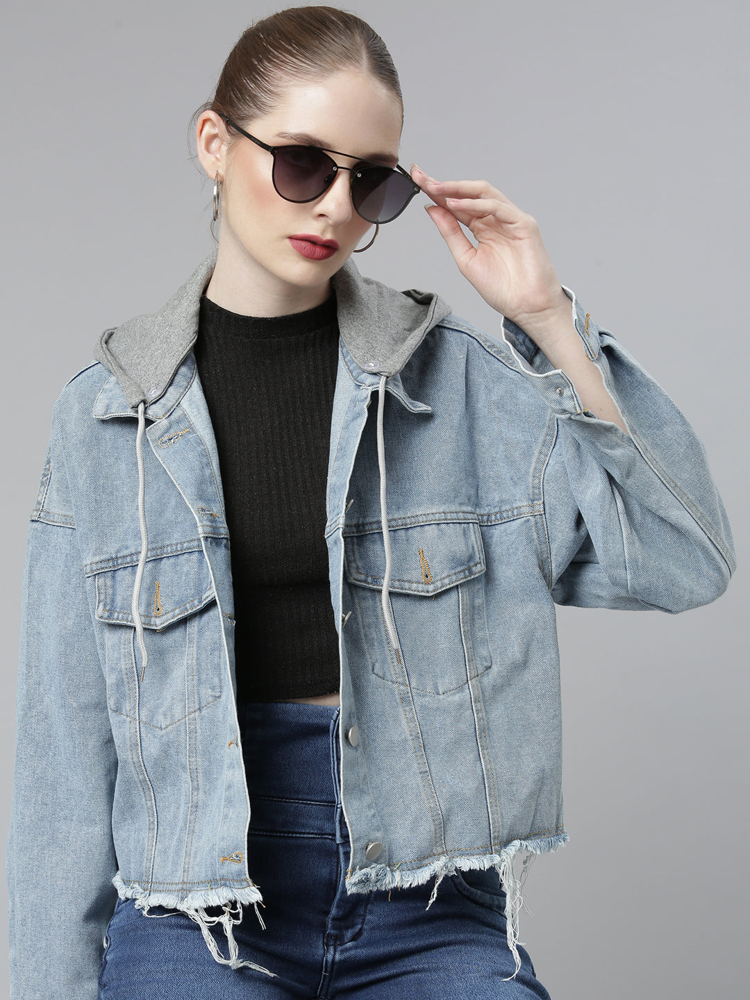 Women Blue Solid Denim Jacket