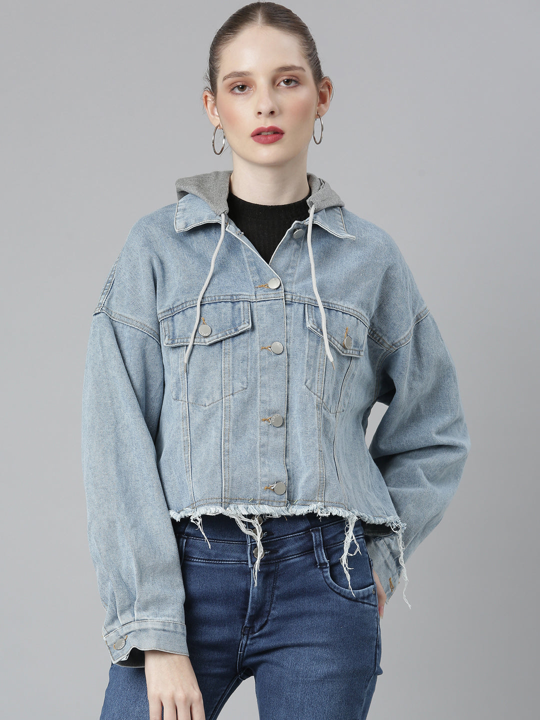 Women Blue Solid Denim Jacket