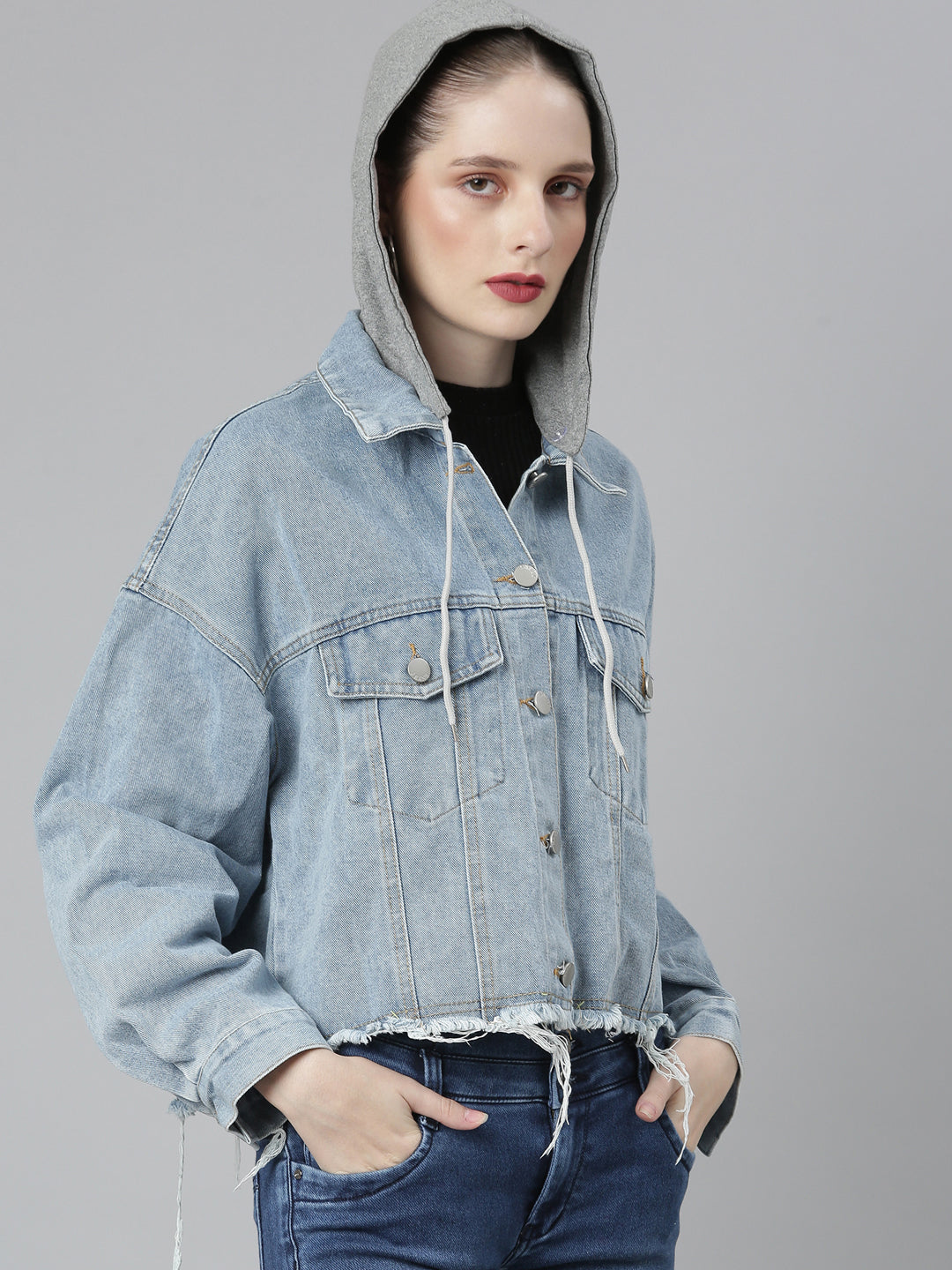 Women Blue Solid Denim Jacket