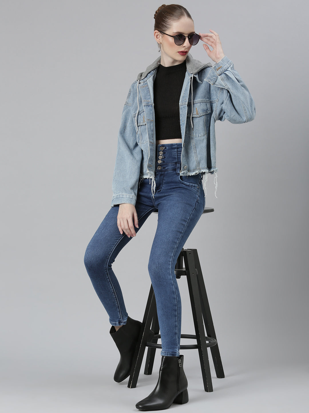 Women Blue Solid Denim Jacket