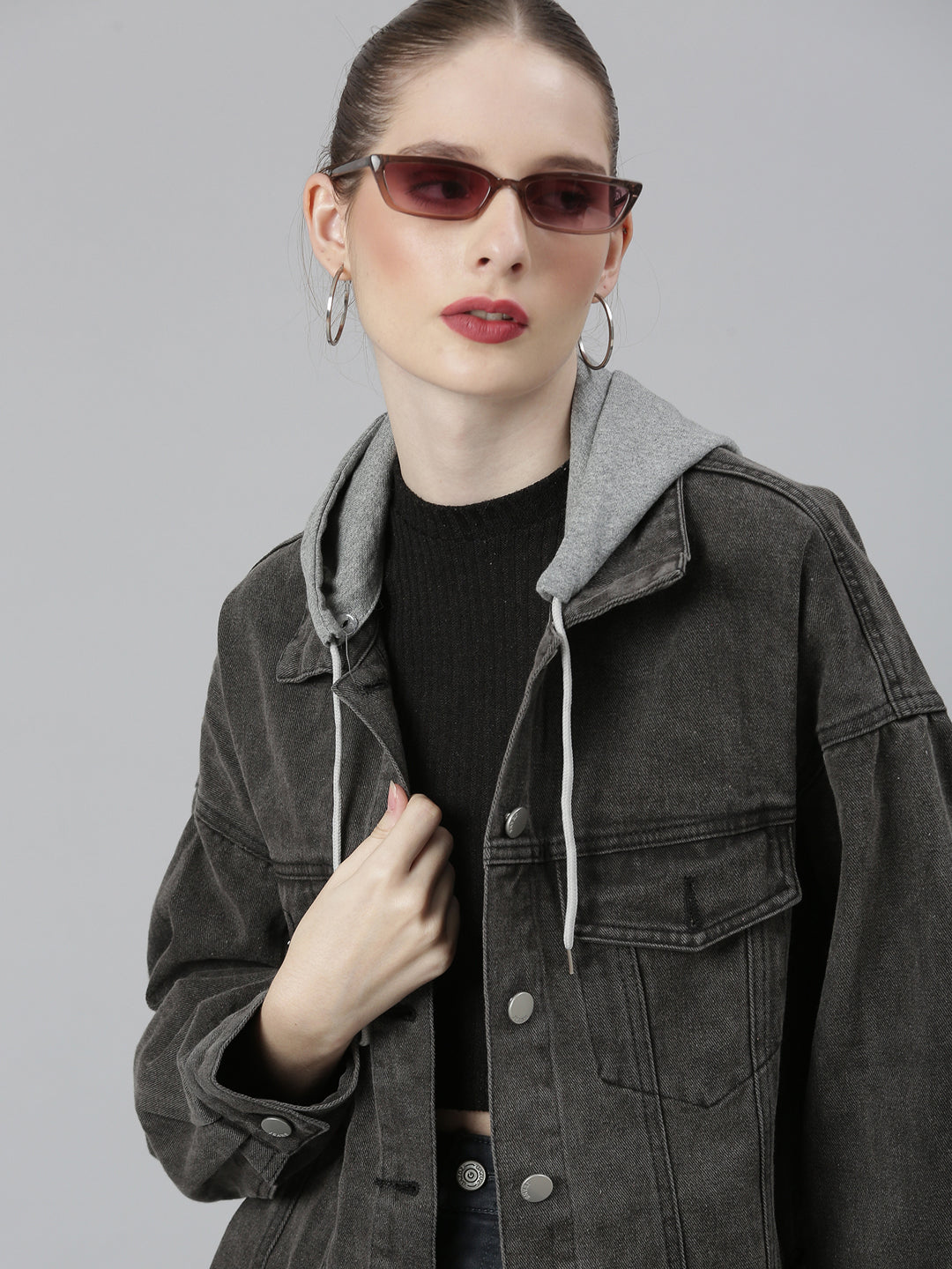 Women Charcoal Solid Denim Jacket