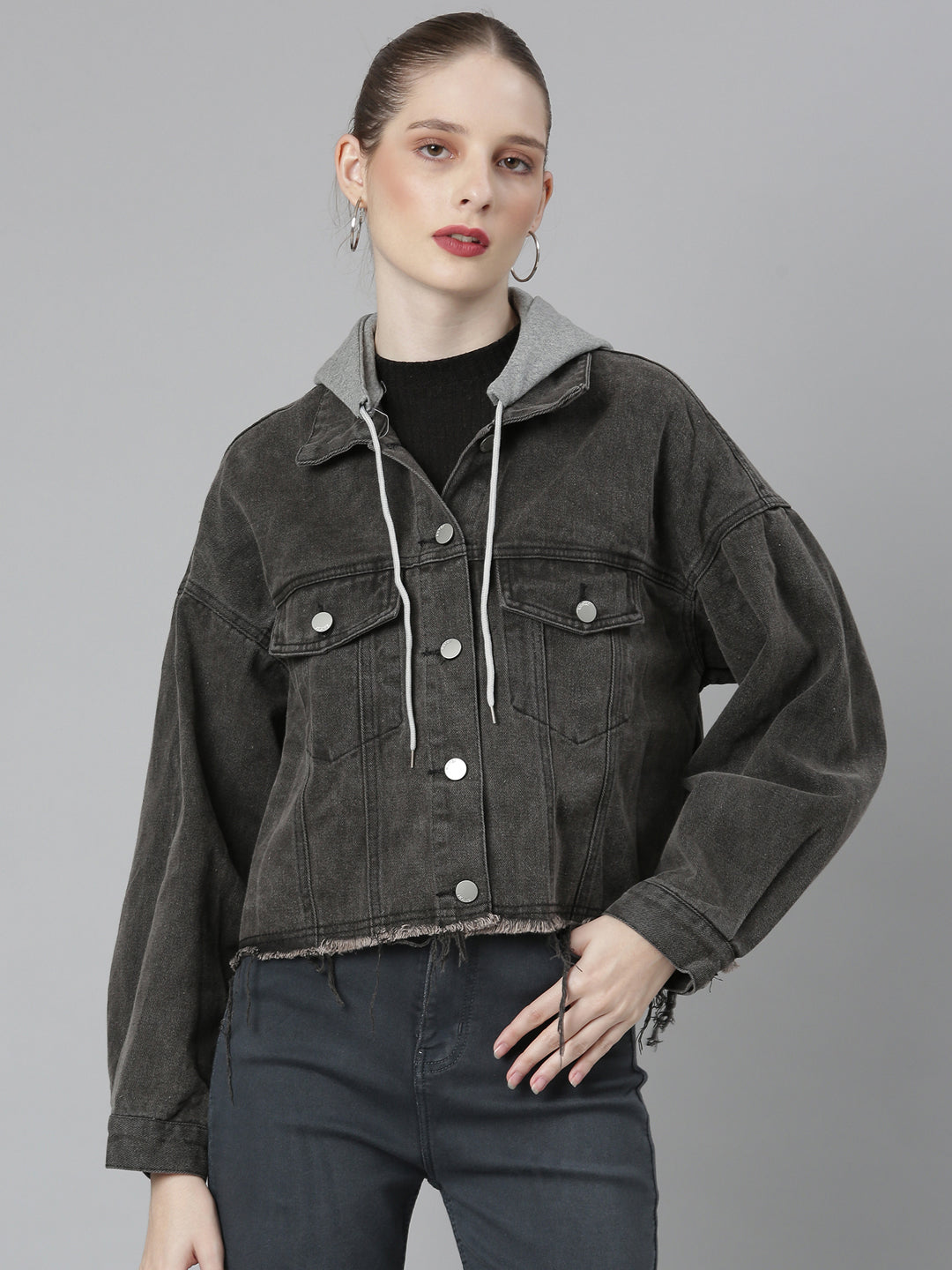 Women Charcoal Solid Denim Jacket