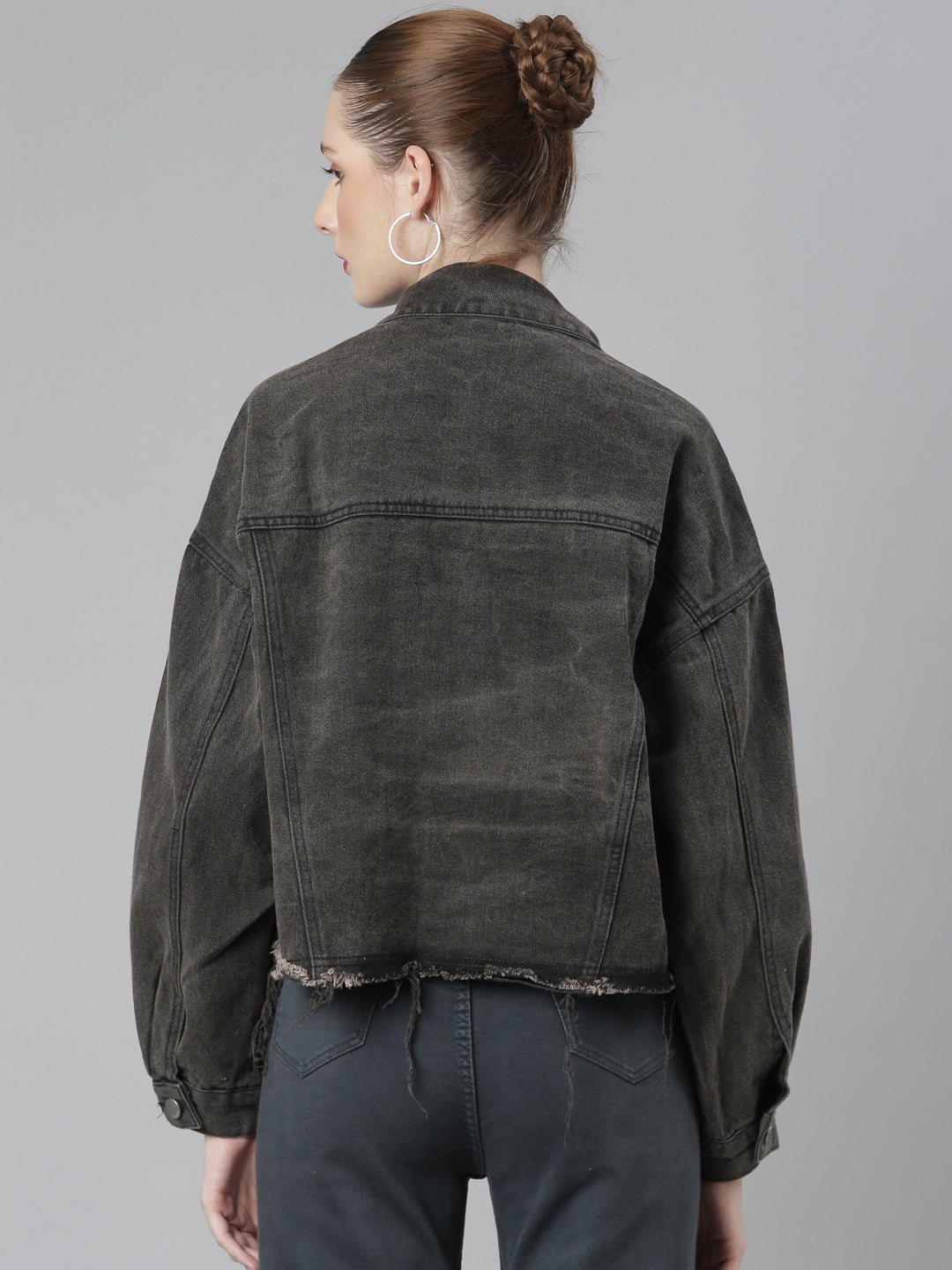 Women Charcoal Solid Denim Jacket