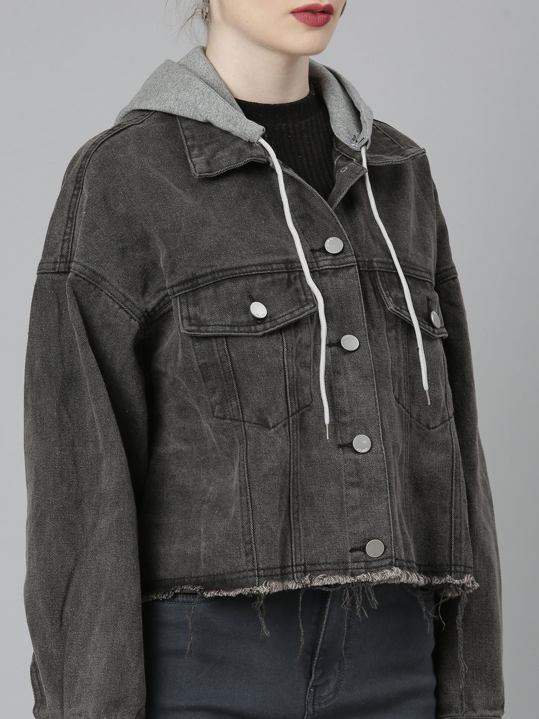 Women Charcoal Solid Denim Jacket