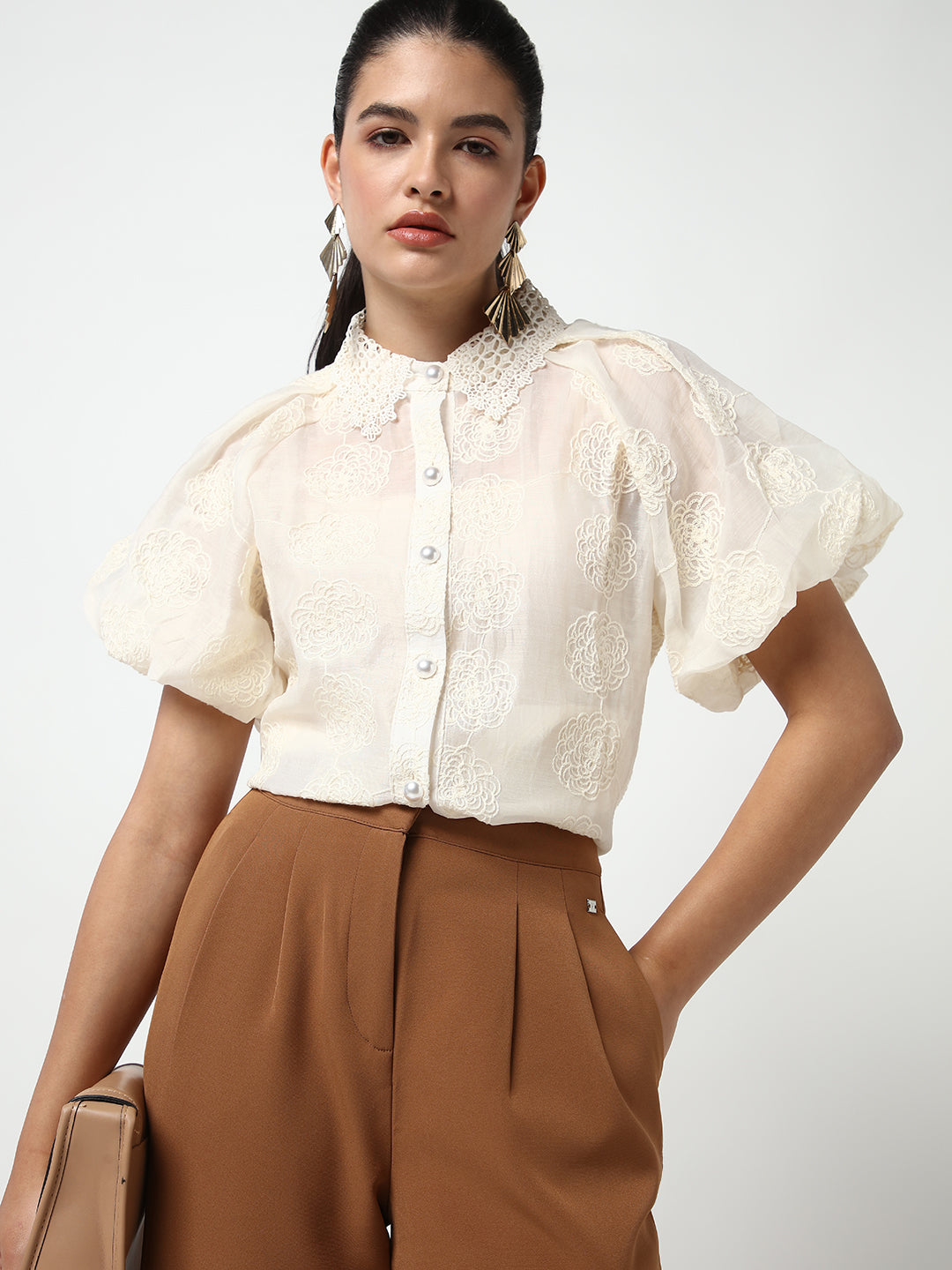 Women Cream Solid Shirt with Inner Slip