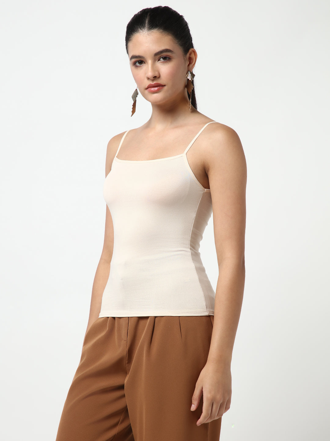 Women Cream Solid Shirt with Inner Slip