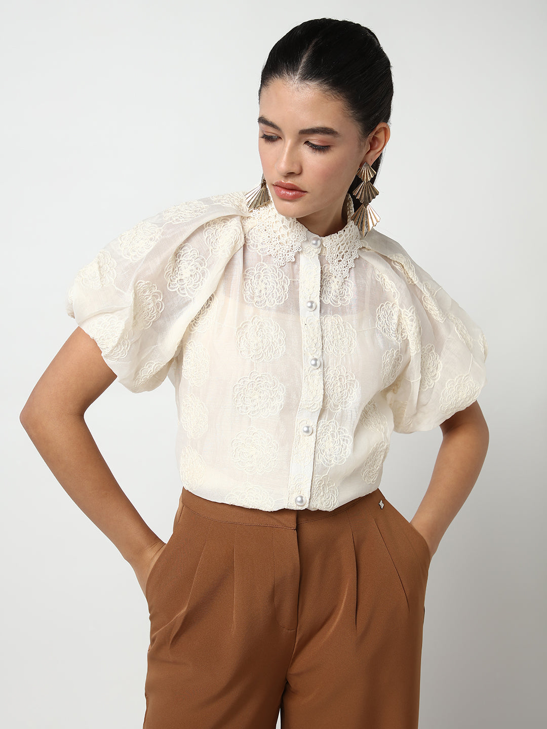 Women Cream Solid Shirt with Inner Slip