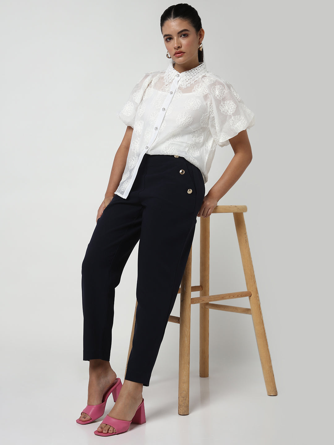 Women White Solid Shirt with Inner Slip