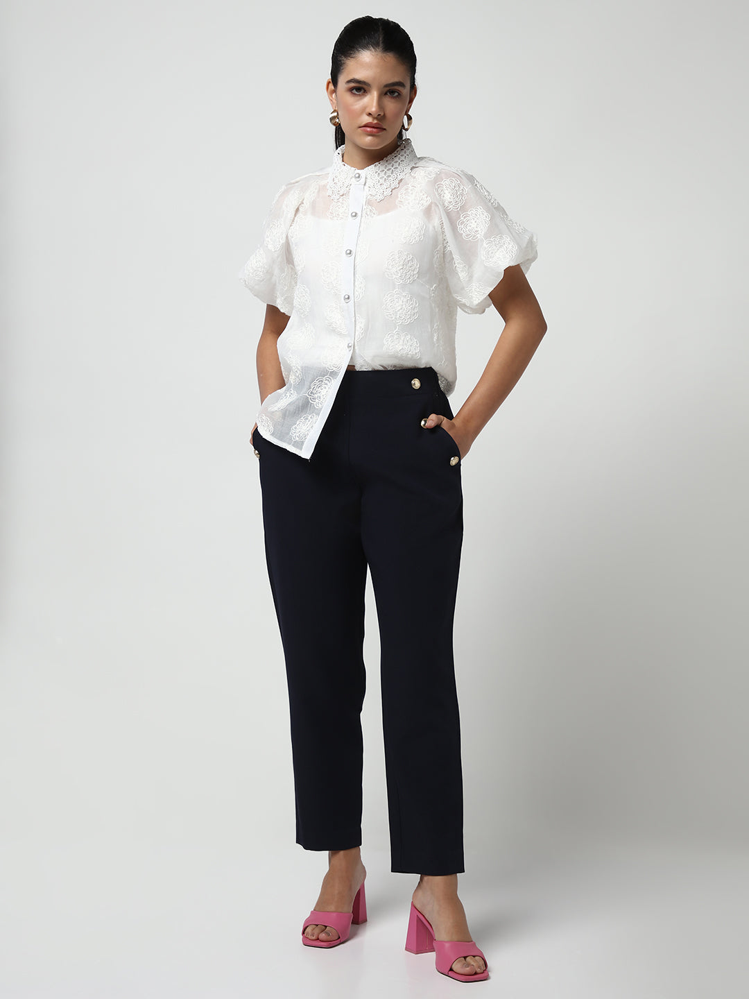 Women White Solid Shirt with Inner Slip