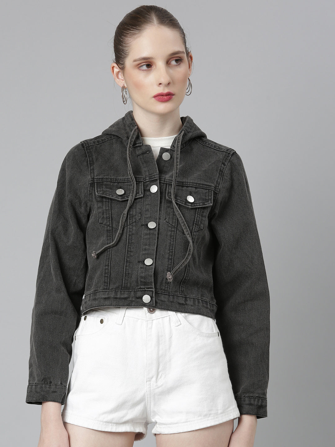 Women Black Solid Denim Jacket