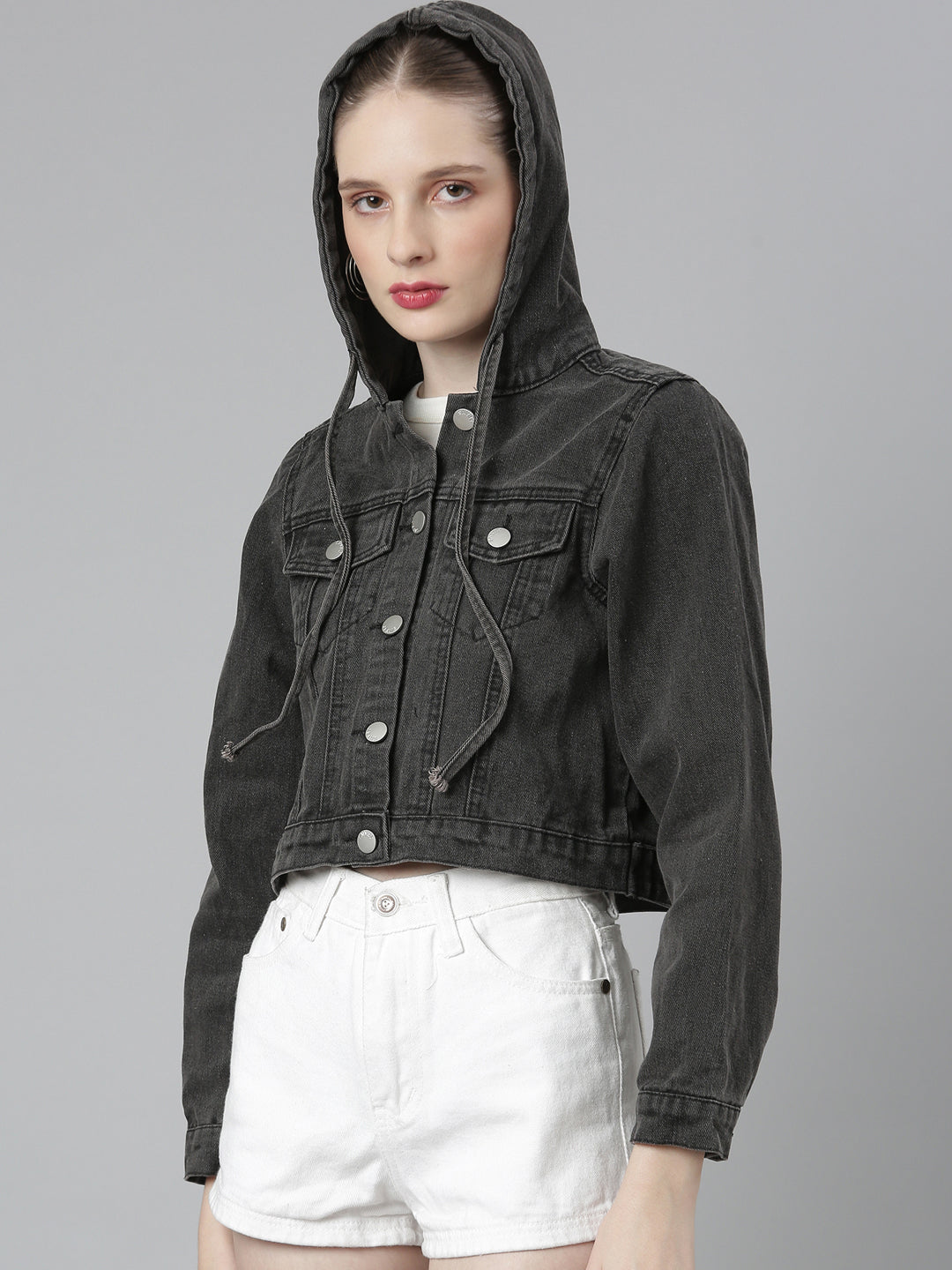 Women Black Solid Denim Jacket