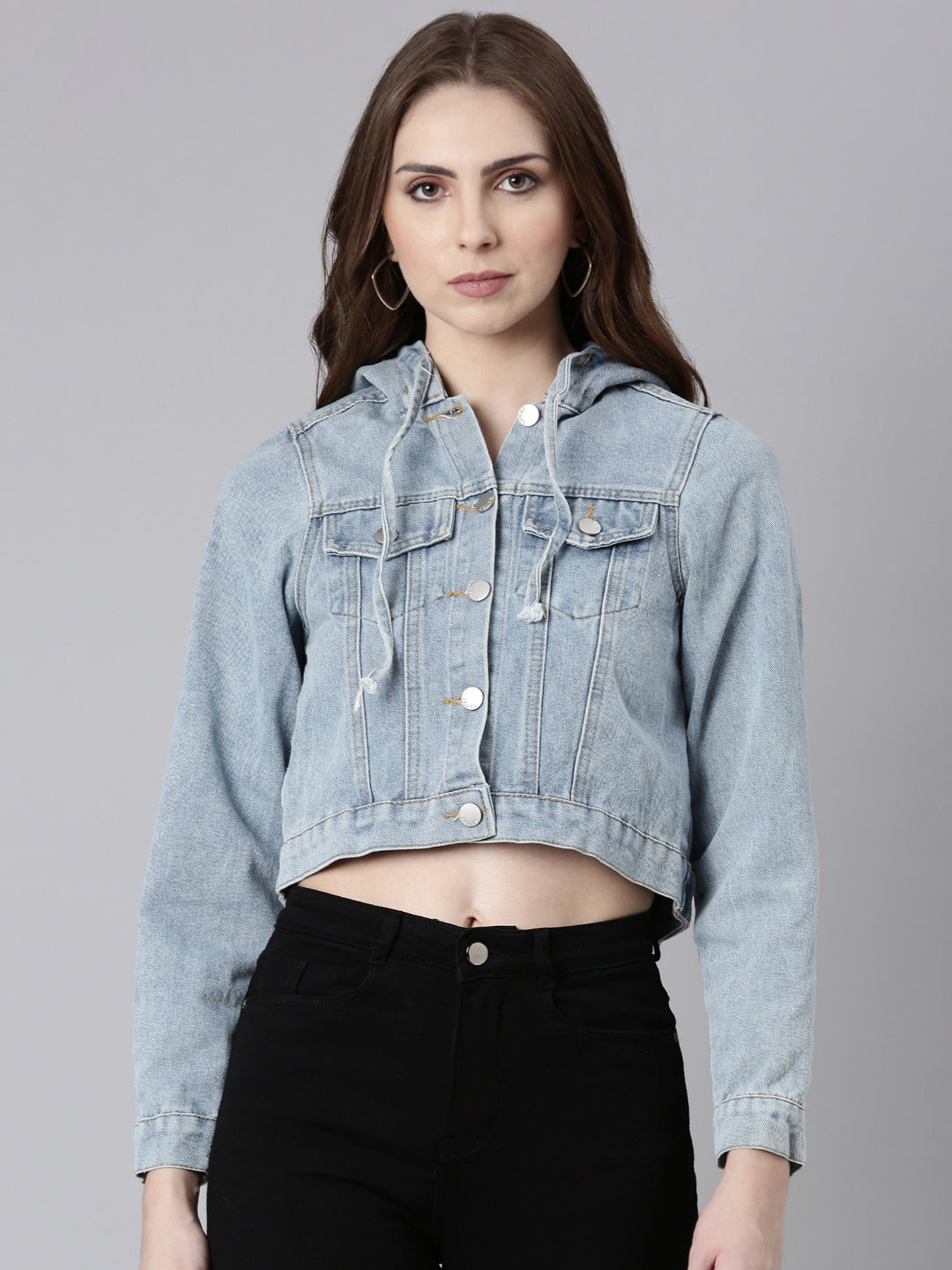 Women Blue Solid Denim Jacket