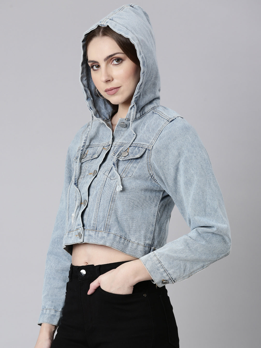 Women Blue Solid Denim Jacket