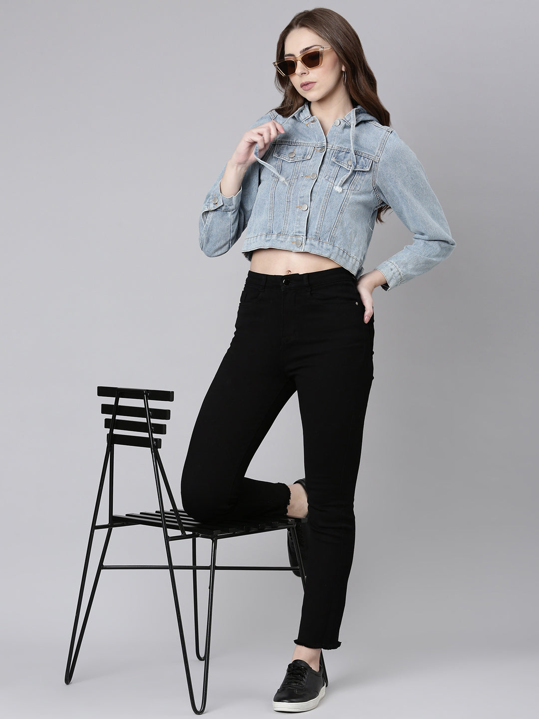 Women Blue Solid Denim Jacket