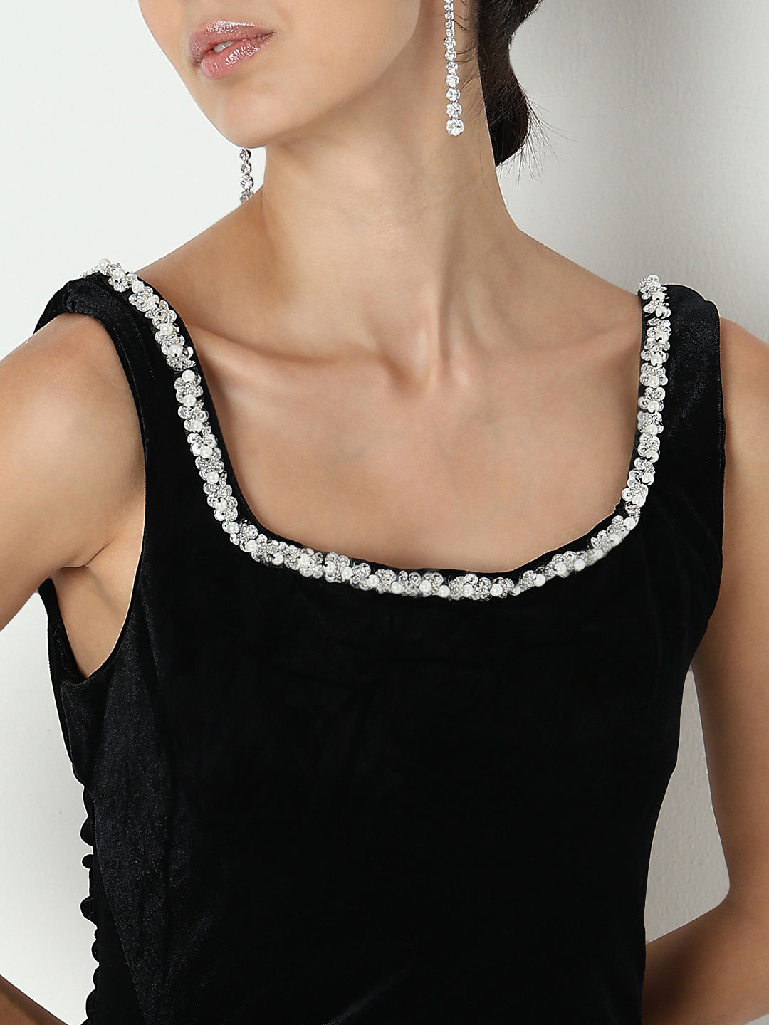 Women's Black Velvet Bodycon Maxi Dress with Embellished Neckline