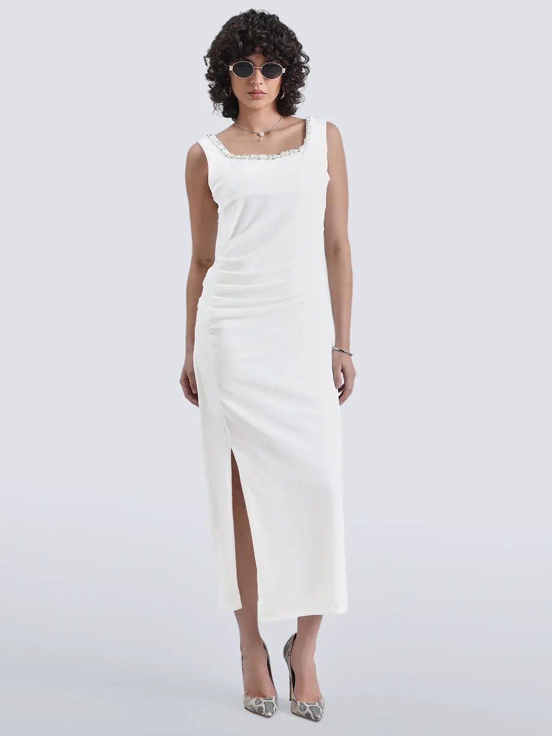 Shop Women's White Velvet Bodycon Maxi Dress with Embellished Neckline| Showoffff Shop Women's White Velvet Bodycon Maxi Dress with Embellished Neckline| Showoffff