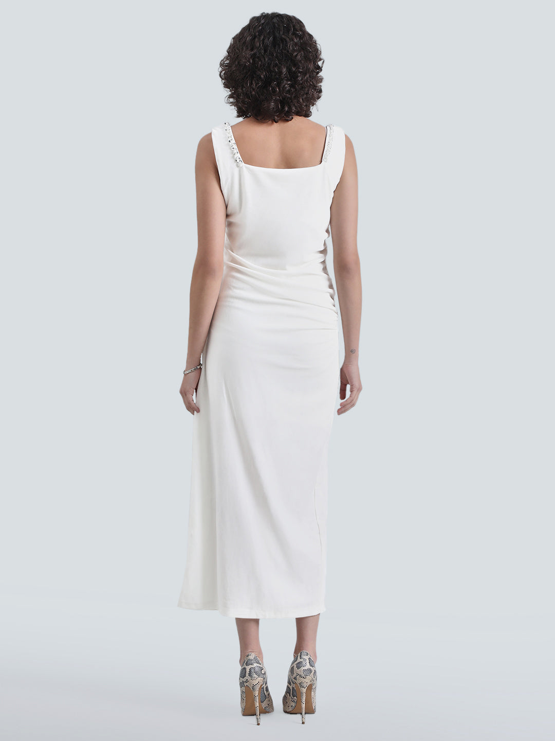 Women's White Velvet Bodycon Maxi Dress with Embellished Neckline