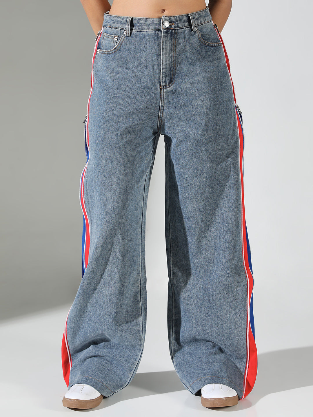 Women Blue Solid Wide Leg Jeans