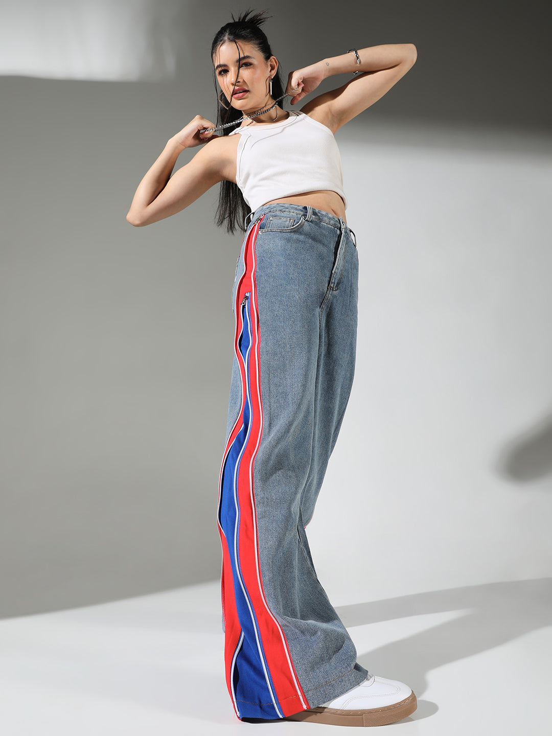 Women Blue Solid Wide Leg Jeans